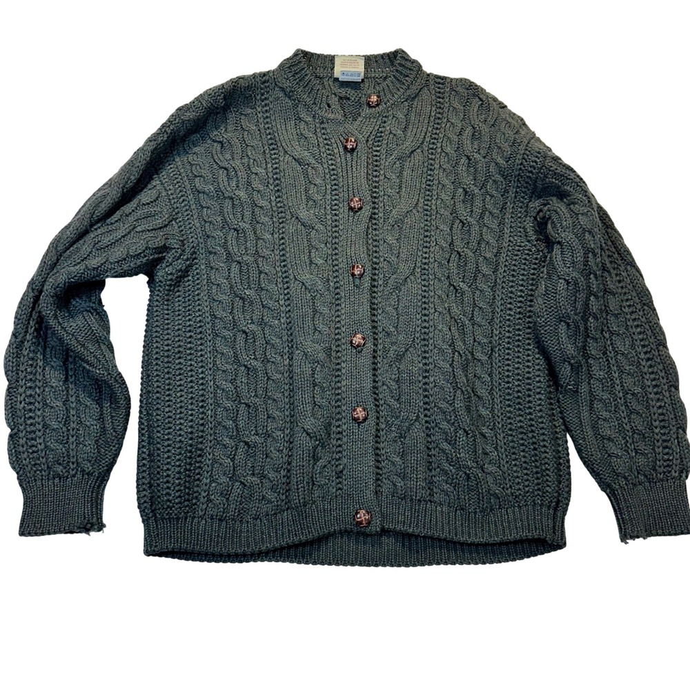 Bonner Ireland Cardigan Sweater Mens XL Green Wool Cable Knit Fisherman Vintage